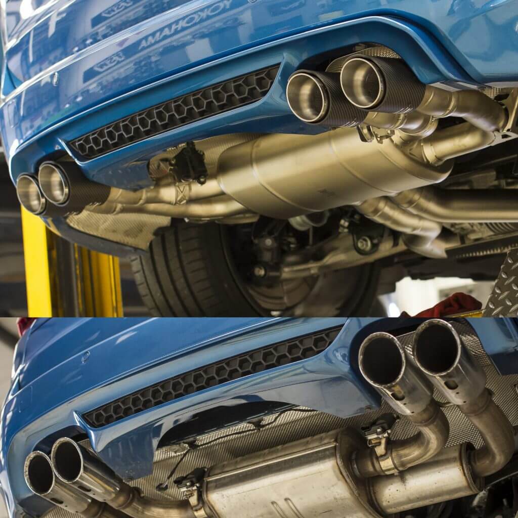 before and after of an aftermarket exhaust being fitted