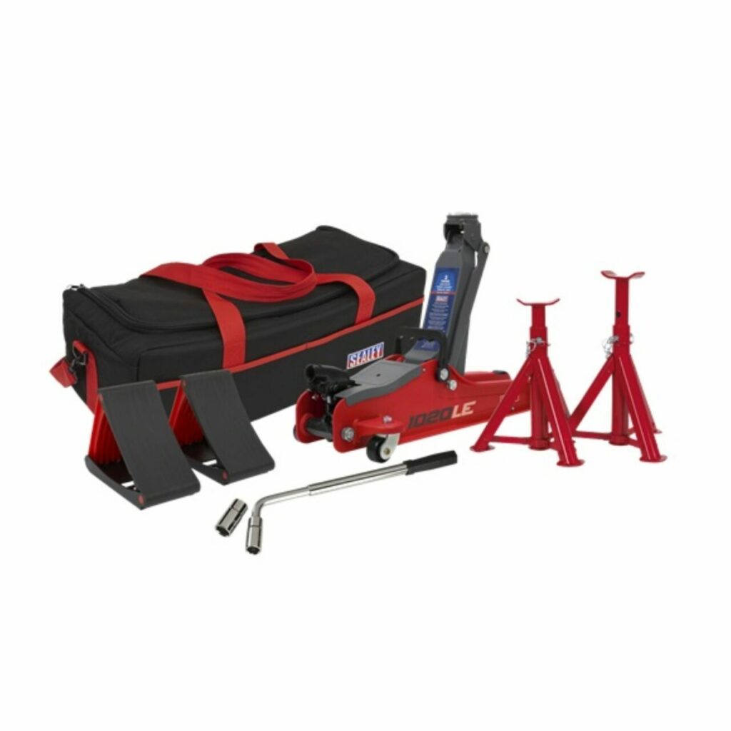 Sealey 2 Tonne Low Entry Short Chassis Trolley Jack And Accessories Bag Combo Kit
