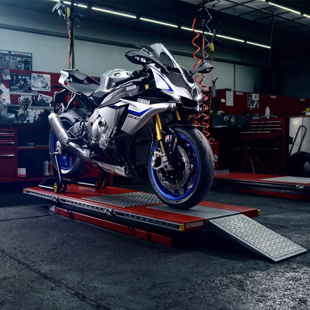 A motorcycle on a stand